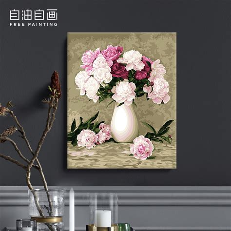 自油自画数字油画diy手绘客厅花卉手工手绘油彩装饰画芍药花开 虎窝淘