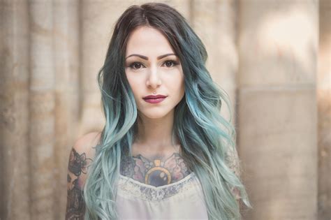 Women Pierced Lip Dyed Hair Blue Hair Looking At Viewer Lipstick