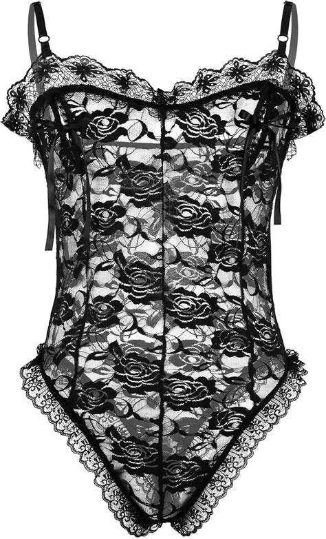 Buy YEAHDOR Men S Sheer Lace One Piece Teddy Lingerie Sissy Crossdress Thongs Leotard Bodysuit