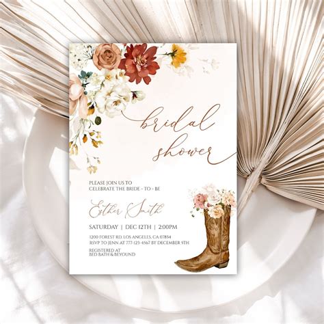 Boho Boots Bridal Shower Invitation Cowgirl Boots Bridal Shower