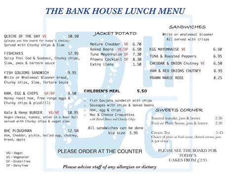 Menu At The Bank House Cafe Charmouth