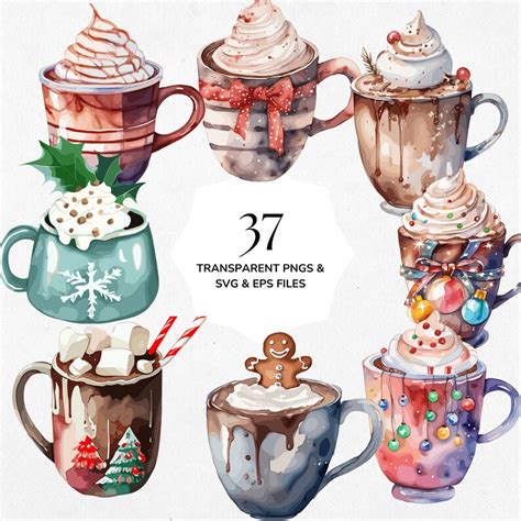 Watercolor Hot Chocolate Cup Clipart Bundle PNG SVG EPS Hot Cocoa Files Christmas Mug