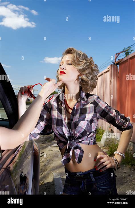 Blonde Girl Hitchhiker Stock Photo Alamy