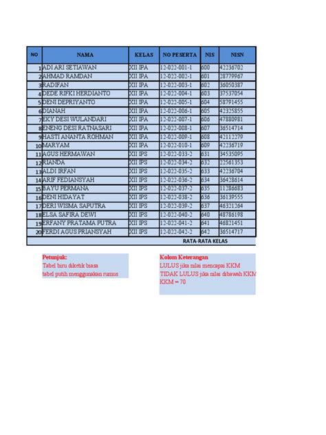 contoh exel kelas