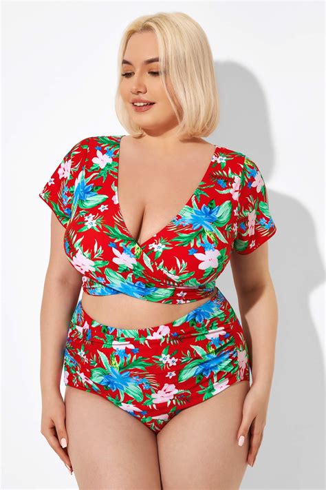 Flower Printed V Neck Bikini Top With Sleeves Meet Curve Meet Curve