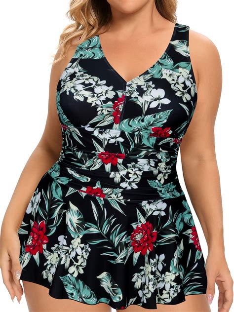 Plus Size One Piece Swimdress Swimsuits For Women Tummy Control Skirt Swimsuit Ruched Bathing