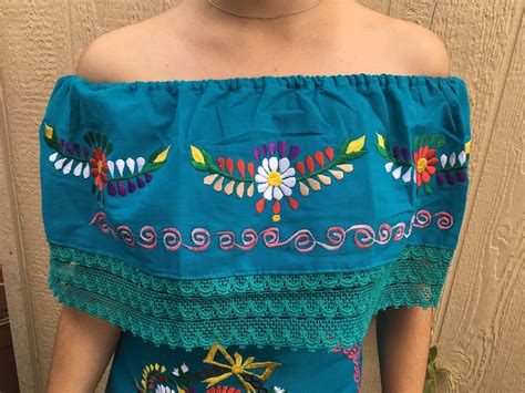 Blue Off Shoulder Mexican Dress Embroidered Mexican Dress Etsy