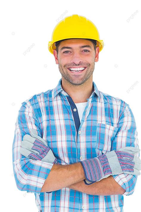 A Grinning Laborer Posing With Folded Arms Expertise Safety Casual