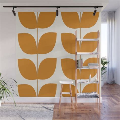 Vibrant Mid Century Modern Leaves Orange Wall Mural 8 X 8