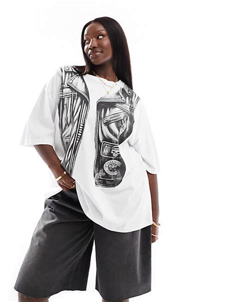 Asos Design Curve Oversized T Shirt With Gilet Print Graphic In White