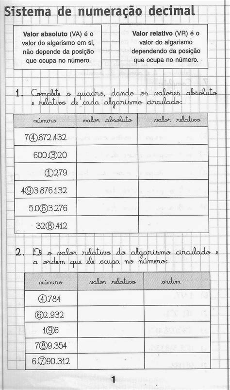 Atividades Sobre Sistema De Numeração Decimal 5o Ano Com Gabarito