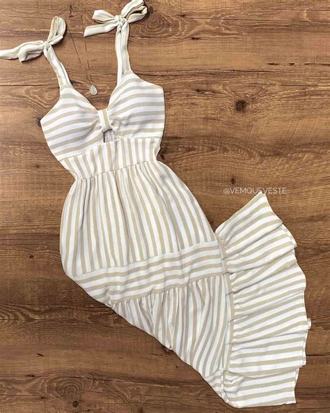 Vestido Laço Longo Listrado Nude VemQueVeste Moda e Acessórios