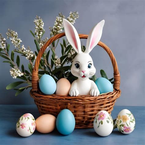 Una Colorida Canasta De Pascua Con Huevos Pintados Y Figuras De Conejos