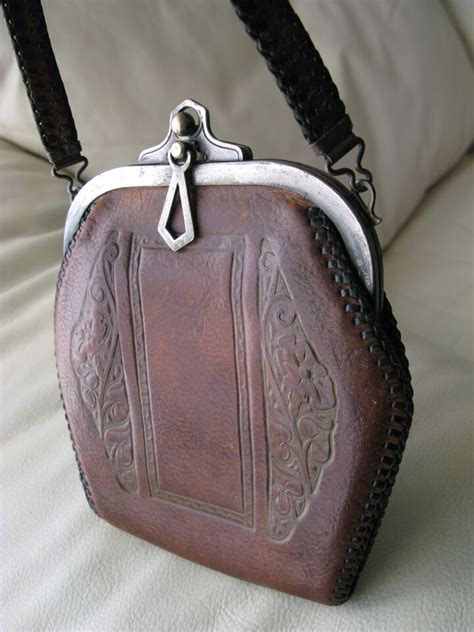 Antique Art Nouveau Floral Flower Tooled Brown Leather Purse Jemco