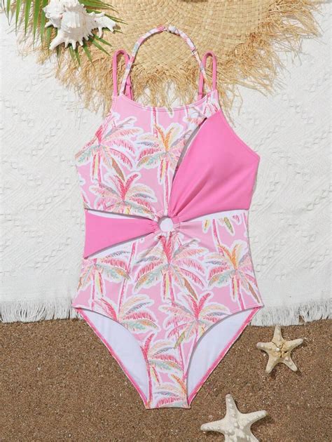 Tween Girls Coconut Tree Print Spliced One Piece Swimsuit Shein Usa