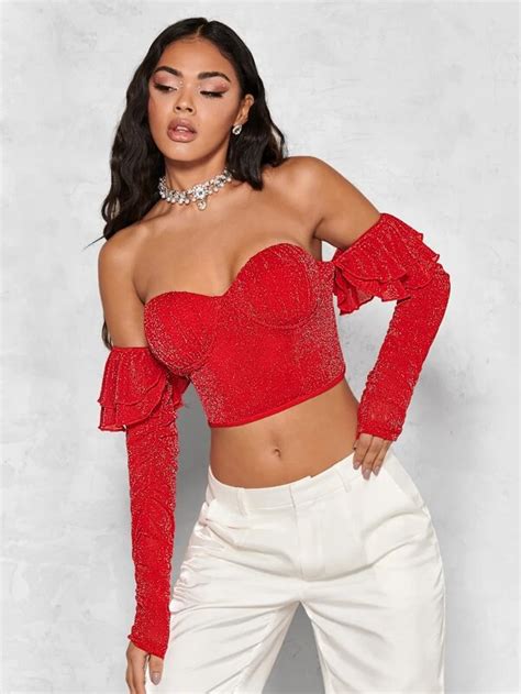 Shein Bae Off Shoulder Ruffle Trim Bustier Crop Glitter Top Sugar Eg