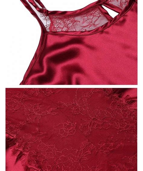 Women Lingerie Satin Sleepwear Set Nightgown Lace Chemises Style Wine Red Cv Ni O