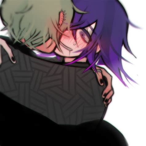 An Anime Character With Purple Hair Hugging Another Persons Shoulder