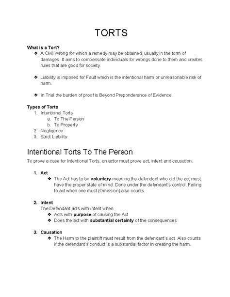 Torts Outline Torts What Is A Tort A Civil Wrong For Which A Remedy