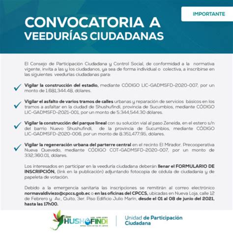 CONVOCATORIA PARA LA CONFORMACIÓN DE VEEDURÍAS CIUDADANAS Municipio