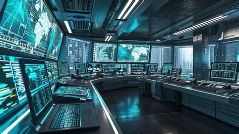 Premium Ai Image Cybersecurity Command Center Tech Screens And Laptop Hub