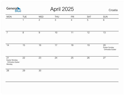 Printable April 2025 Monthly Calendar with Holidays for Croatia