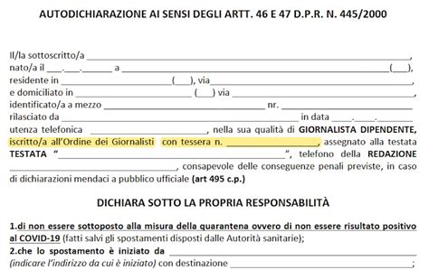 Nuovo Modello Di Autocertificazione Per Gli Spostamenti Dei Giornalisti