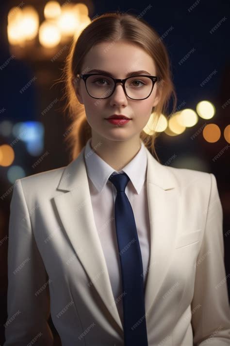 Premium Photo A Pretty European Girl In A Suit And Glasses On The Night Background