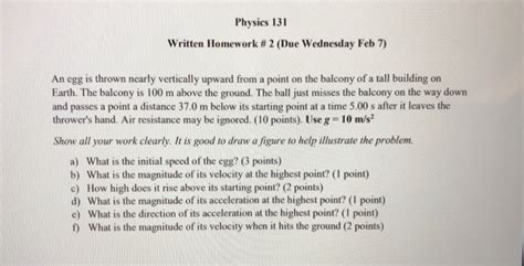 Solved Physics 131 written Homework # 2 (Due wednesday Feb | Chegg.com