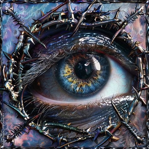 film vibrant color style of a human eye wrapped in metal chrome ...
