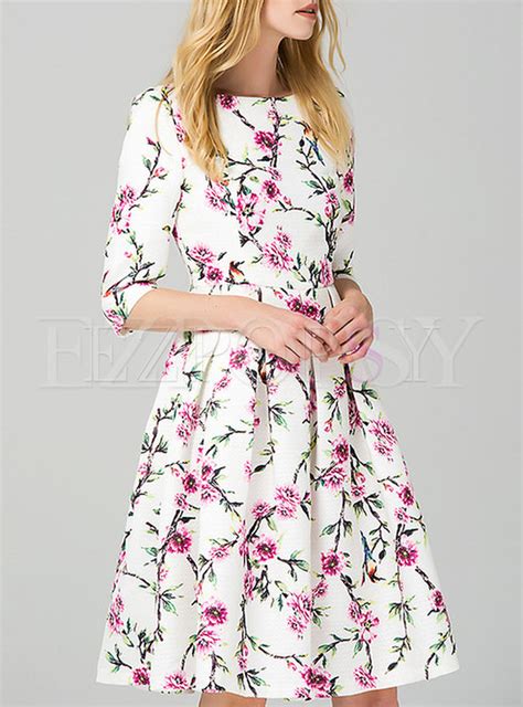 Dresses Skater Dresses Floral Print Mid Sleeve Aline Dress