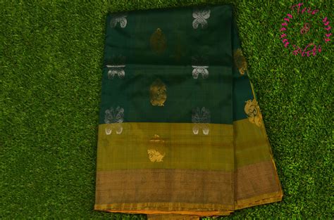 Tvis And Bliss Bottle Green And Yellow Uppada Silk Saree With Silver