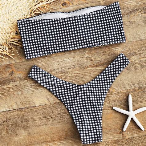 Aliexpress Buy ZAFUL Women Bikini Swimwear Strapless Plaid High Cut Thong Bikini