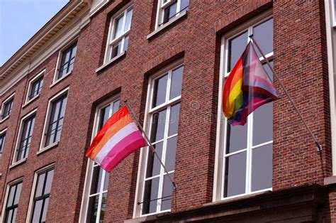 Rainbow And Lesbian Flags On Building Outdoors Stock Image Image Of Home Exterior 259651317