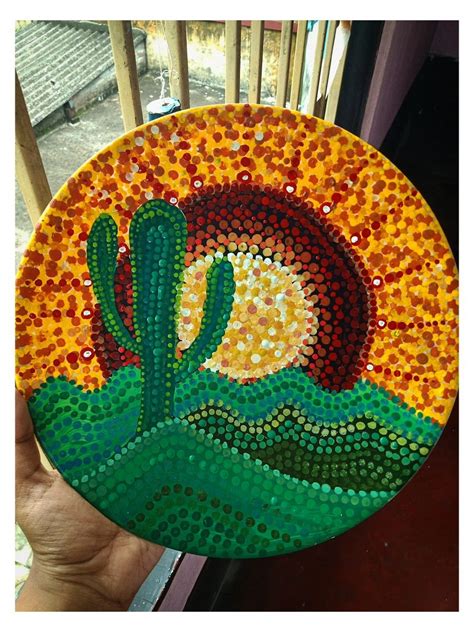 Cactus On Plate Dot Art Painting Small Canvas Art Cactus Painting