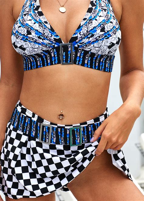 Checkered Print Halter Buckle Detail Bikini Set Modlily USD