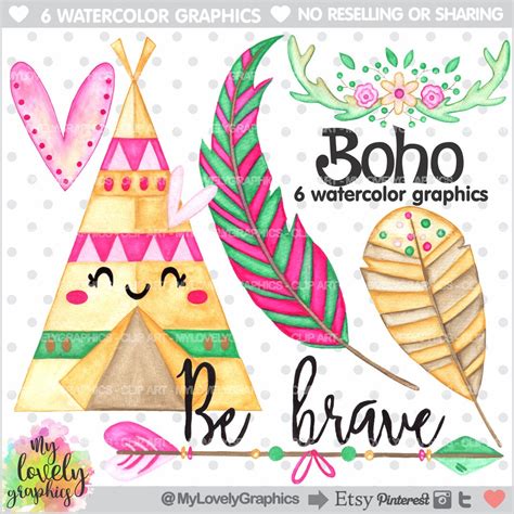 boho clipart boho graphics clipart watercolor commercial etsy