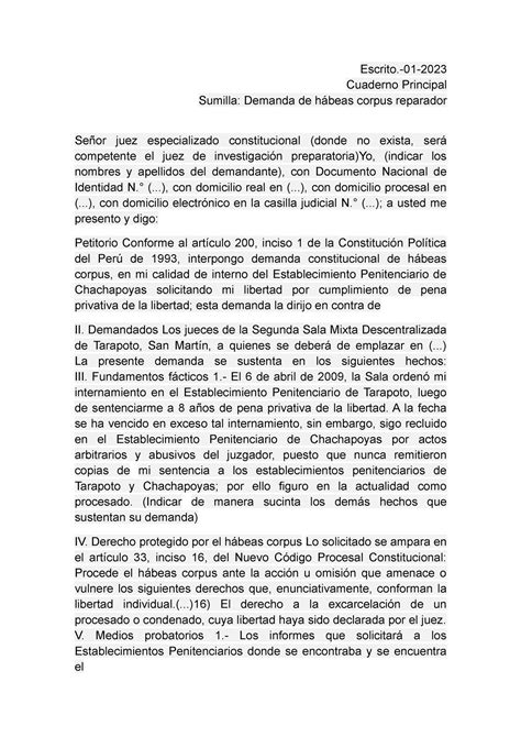 Escrito 01 Cuaderno Principal Sumilla Demanda de hábeas corpus