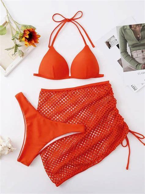 Women Bikini Swimsuit 3 Piece Set Orange Summer Sexy Swimwear Milanoo