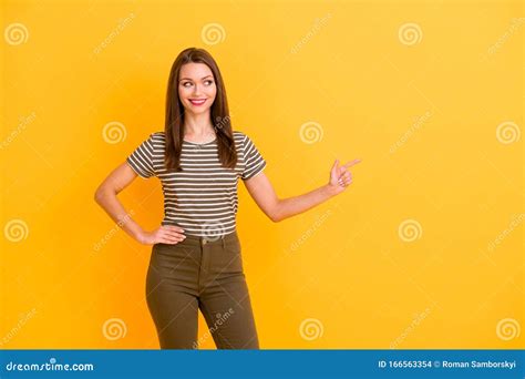 Portrait Of Positive Cheerful Promoter Point Index Finger Copy Space