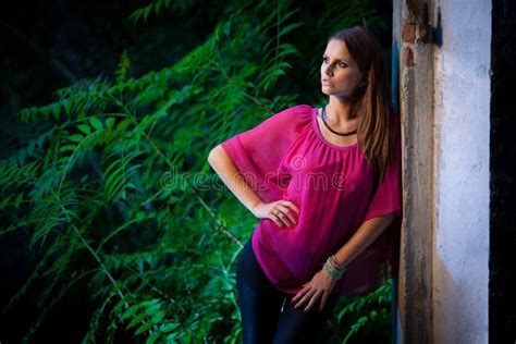 Blog Style Beautiful Brunette Woman In Fashionable Dress Posing Stock Photo Image Of Caucasian