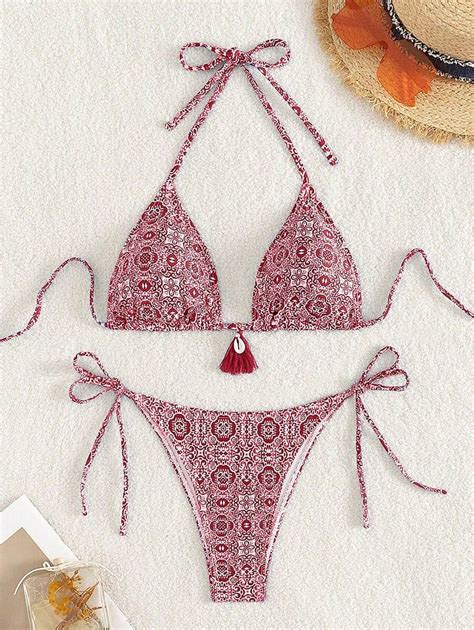 SHEIN Swim Vcay Frauen Bikini Set Mit Halterneck Und All Over Muster