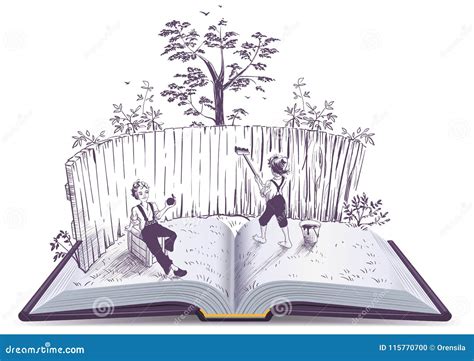 Tom Sawyer Paints Fence Open Book Illustration Stock Vector