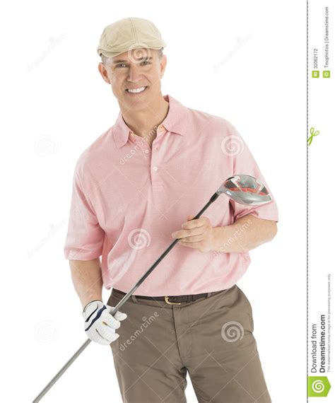 Happy Man Holding Golf Club Against White Background Stock Photography