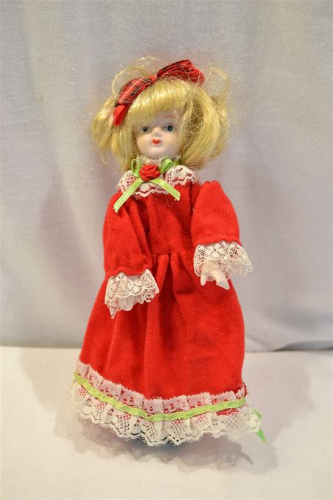 Porcelain Doll Vintage Baby Doll Red Dress Blonde Hair Tall Plaid Bow Etsy
