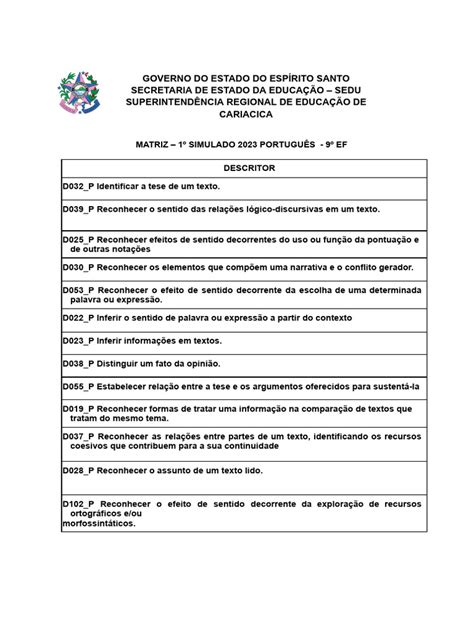 Descritores De Lingua Portuguesa 9 Ano - Matriz de Descritores Português 9º Ano | PDF