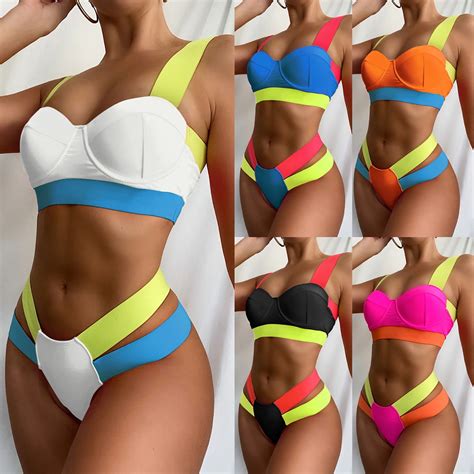 Elainilye Fashion Bikinis Sets For Women Bikini Patchwork Set Swimsuit Two Piece Filled Bra
