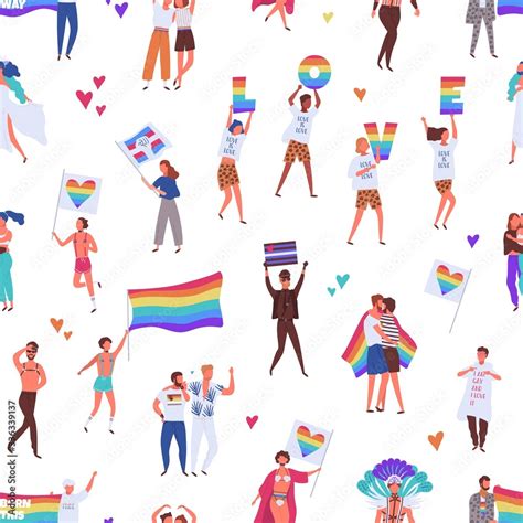 Colorful Pride Parade Seamless Pattern Crowd Of Gay Lesbian Bisexual Transgender Activists