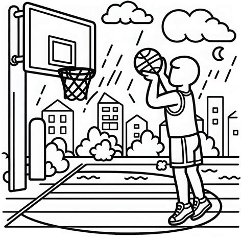 Jugador de baloncesto lanza un tiro libre al aro - Dibujo para colorear