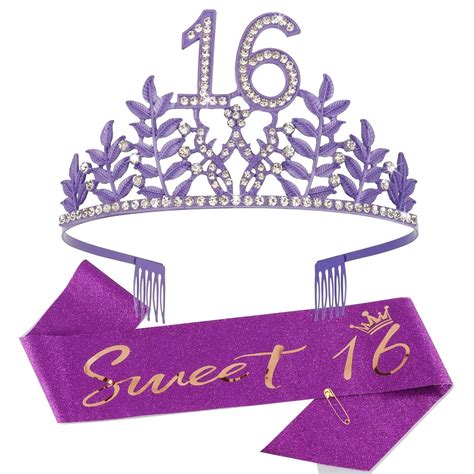 Sweet 16 Crown And Sash Set Cieher Sweet 16 Birthday Decorations Purple 16th